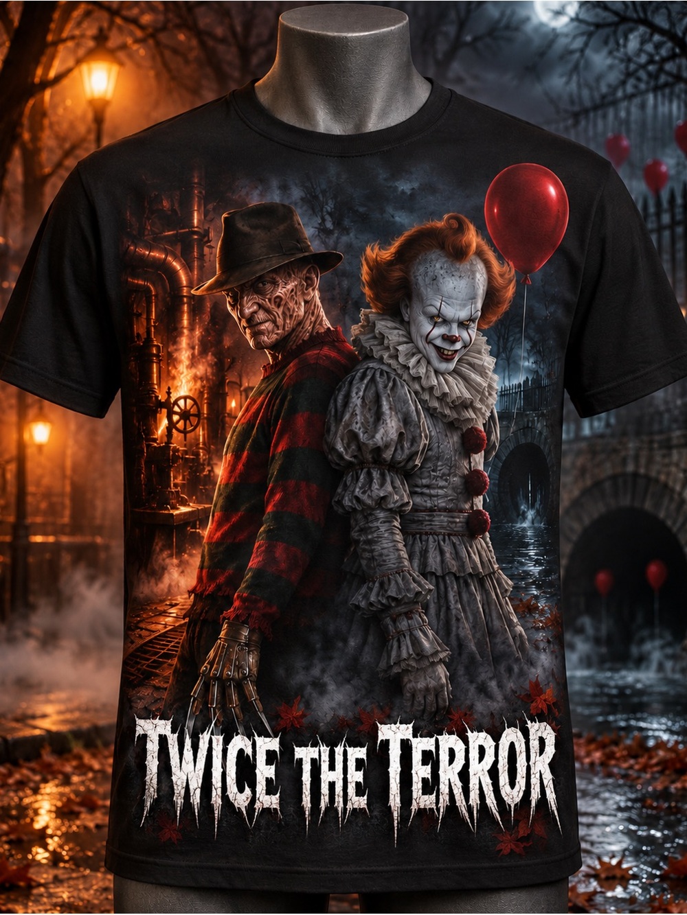 Twice the Terror Graphic Horror Unisex Tee - Black